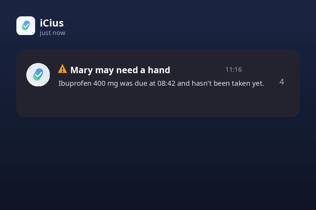 iCius notification: Mary may need a hand — Ibuprofen 400 mg, due at 08:42, hasn't been taken yet