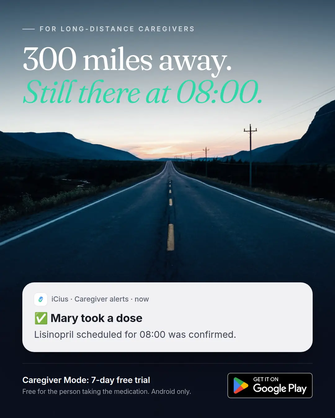Open road at dusk with the text “300 miles away. Still there at 08:00.” and an iCius alert “Mary took a dose”.