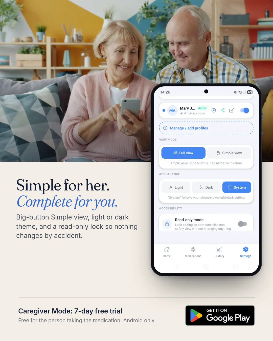 Older couple looking at a phone together, with the iCius settings screen: Simple view, light or dark theme and read-only mode.
