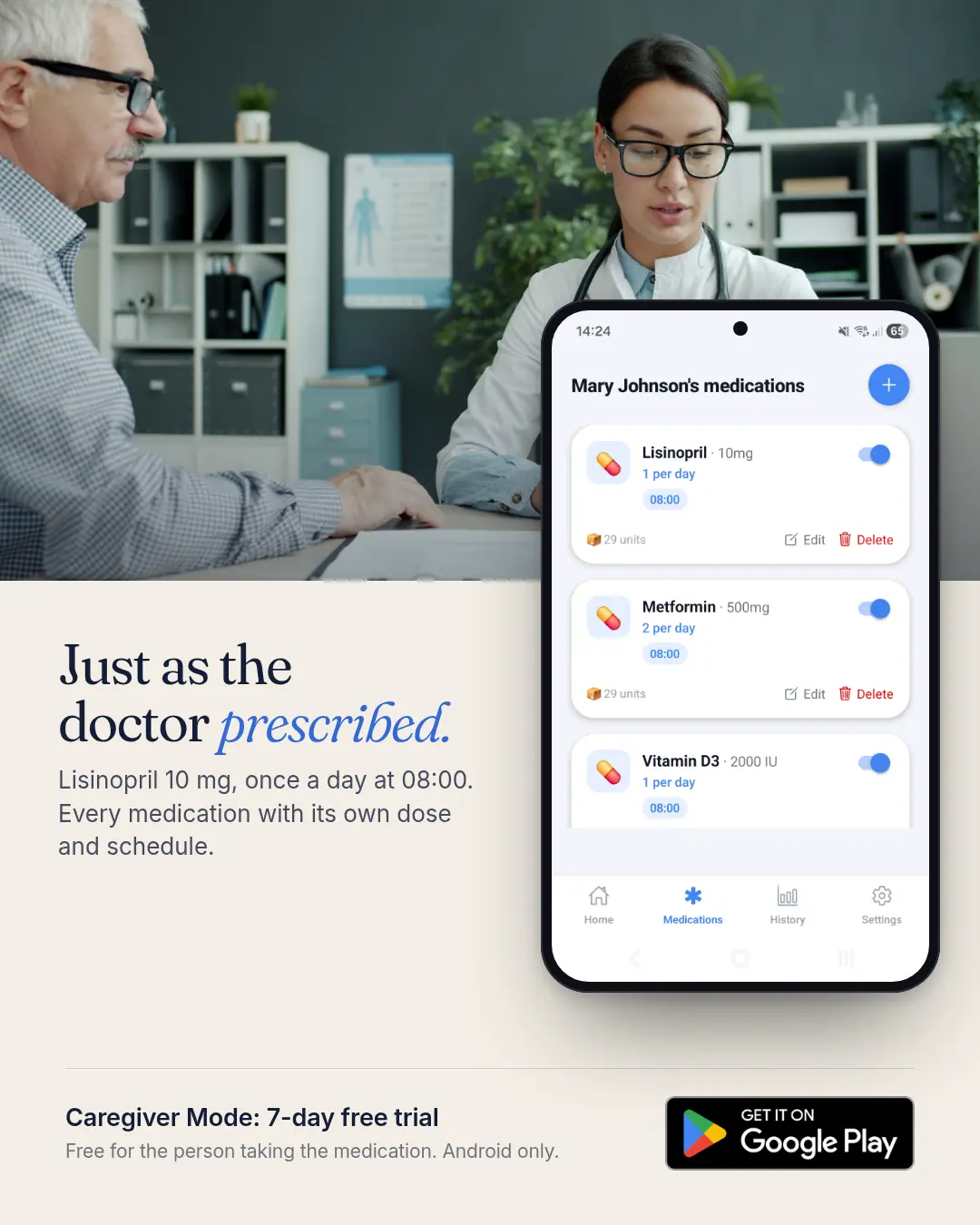Doctor talking with an older patient, with the iCius medication list showing dose, frequency and time for each medication.