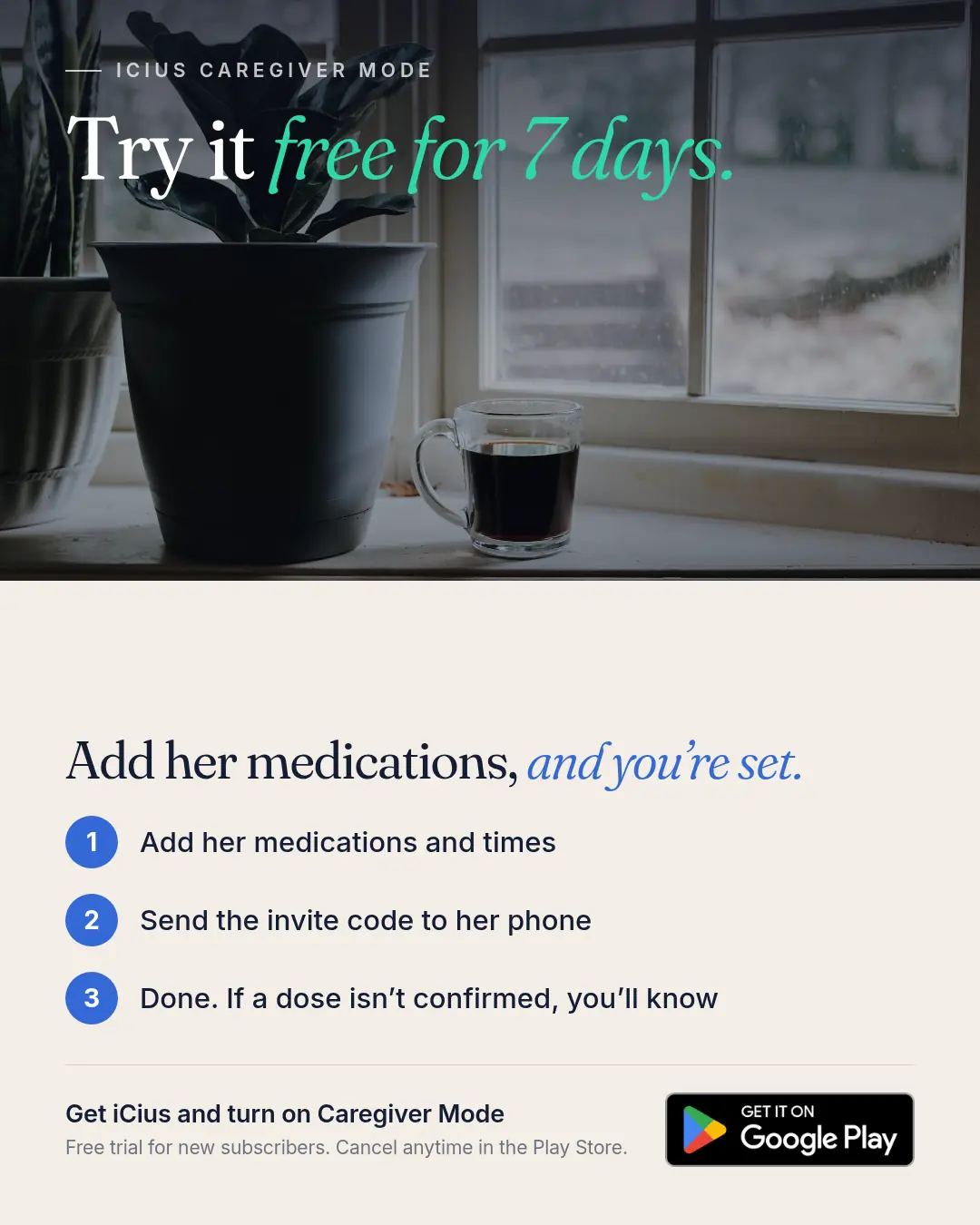 Coffee by a window with “Try it free for 7 days” and three setup steps.