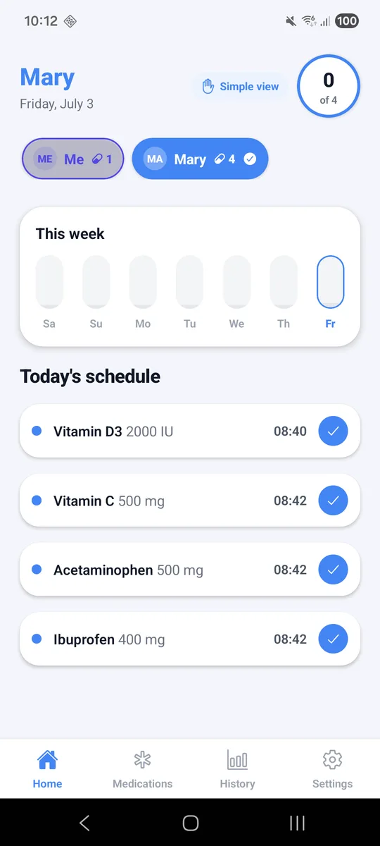 iCius home screen showing today's medication schedule and progress