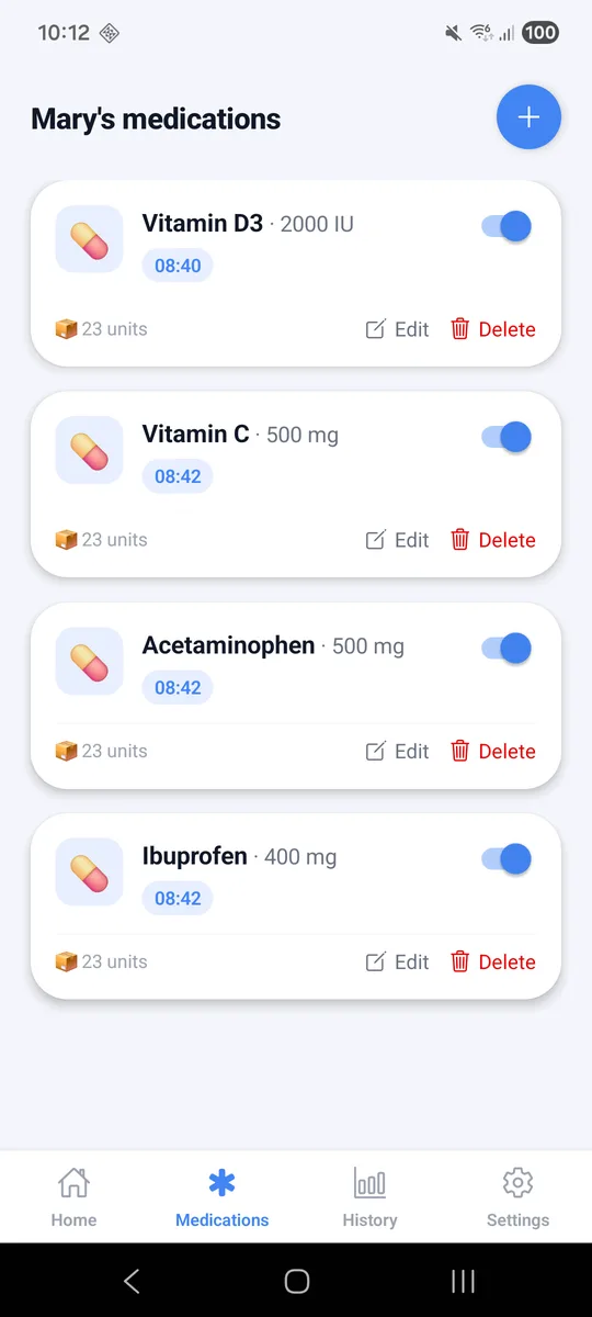 iCius medications list with dosages and stock
